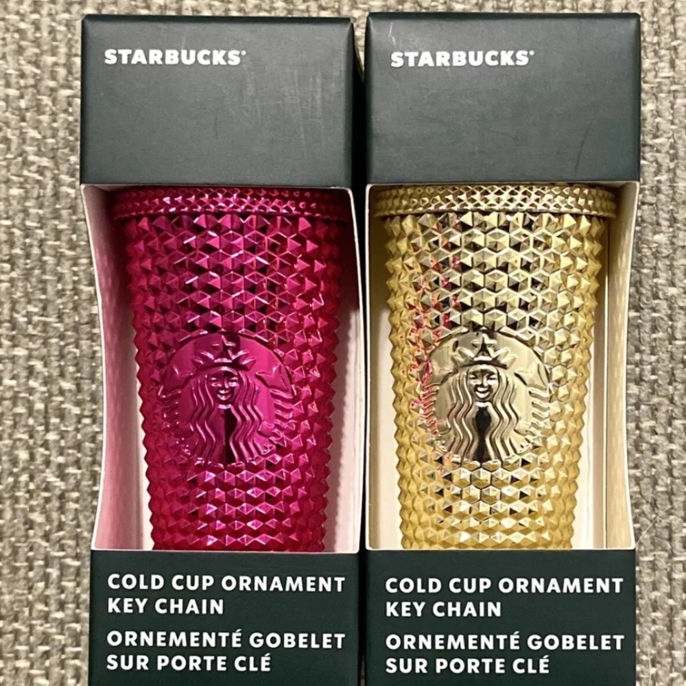 💗NEW SET✨Starbucks Holiday 2022 Pink & Gold Bling Studded Ornament Keychains
